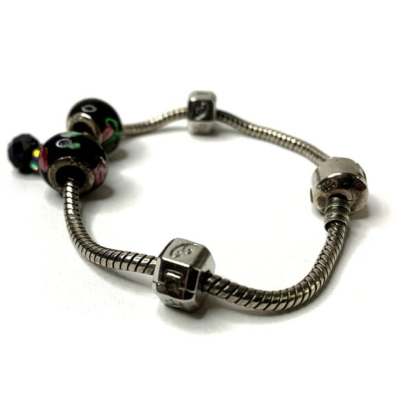 925 Silver 7” Bracelet 2 Glass Beads Dangling Charm & Ball Clasp - Picture 6 of 8